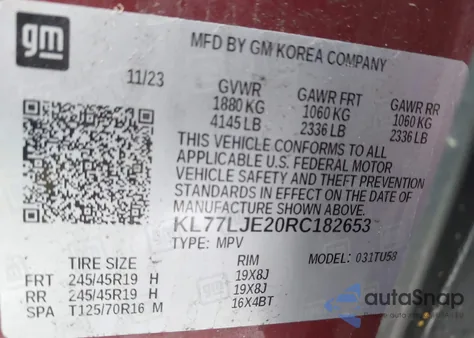 2024 Chevrolet Trax Fwd 2Rs from USA, damaged, VIN KL77LJE20RC182653